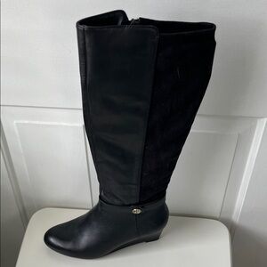 Dillard’s GD Black Leather/Suede Knee-High Wedge Boots